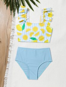 SHEIN 少女柠檬印花荷叶边比基尼套装夏季海滩