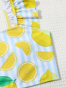 SHEIN 少女柠檬印花荷叶边比基尼套装夏季海滩