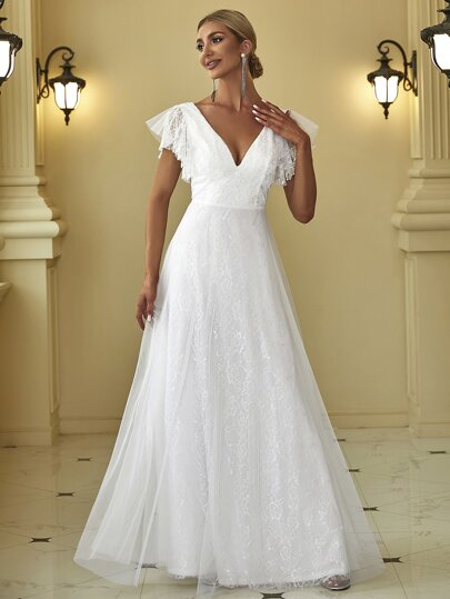 Seksowna falbana, prześwitująca, krótka, koronkowa, obszyta, odkryta, suknia ślubna, biała, panna młoda