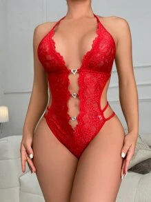 Floral Lace Cut Out Teddy Bodysuit Lingerie - Red - View 5