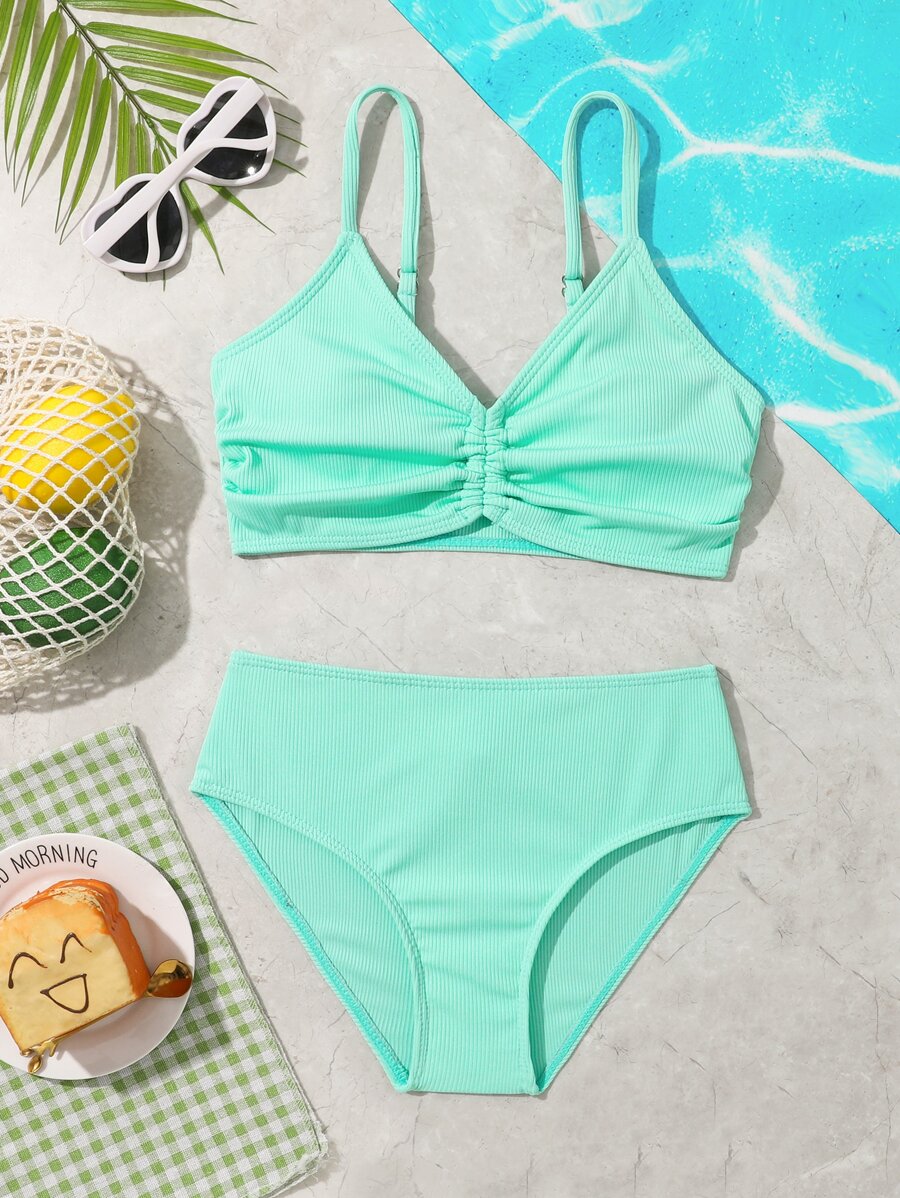 Conjunto de bikini de drapeado para niña preadolescente, verano playa - verde menta - Ver 1