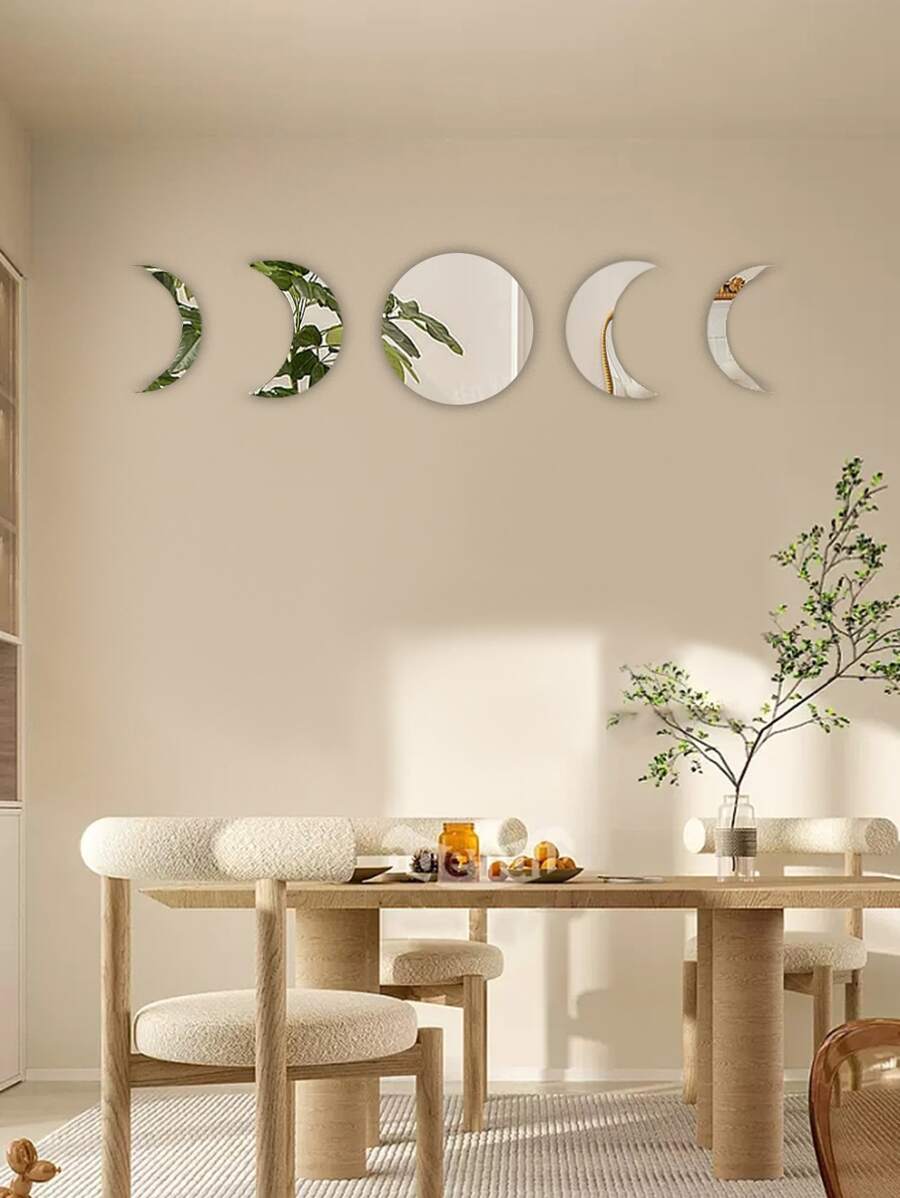 5 件月亮组合家居装饰房间背景盒镜子自粘亚克力墙贴镜子墙壁装饰房间装饰墙镜房间浴室装饰客厅装饰 - 銀色 - 查看 1