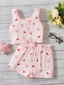 SHEIN Tween Girl Fruit Print PJ Set - Baby Pink - View 1
