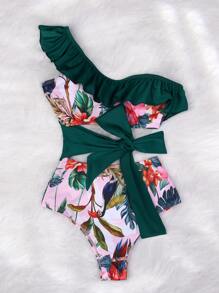 Tropical Print Ruffle One Shoulder One Piece Swimsuit Summer