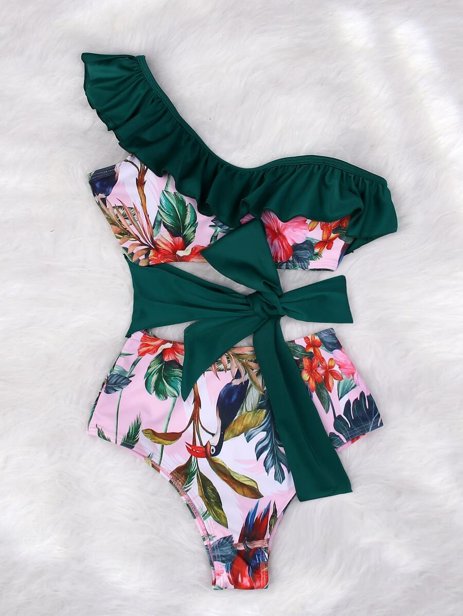 Tropical Print Ruffle One Shoulder One Piece Swimsuit Summer