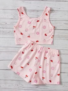 SHEIN Tween Girl Fruit Print PJ Set - Baby Pink - View 4
