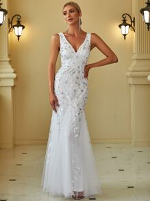 EVER-PRETTY Zartblumiges paillettenbesetztes ärmelloses V-Ausschnitt Mesh-Meerjungfrauensaum Hochzeitskleid für Sommer Rasen Hochzeit Braut weiße Kleider