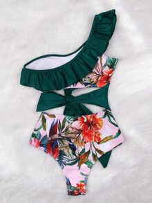 Tropical Print Ruffle One Shoulder One Piece Swimsuit Summer