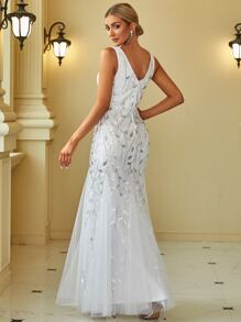 EVER-PRETTY Zartblumiges paillettenbesetztes ärmelloses V-Ausschnitt Mesh-Meerjungfrauensaum Hochzeitskleid für Sommer Rasen Hochzeit Braut weiße Kleider