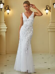 EVER-PRETTY Zartblumiges paillettenbesetztes ärmelloses V-Ausschnitt Mesh-Meerjungfrauensaum Hochzeitskleid für Sommer Rasen Hochzeit Braut weiße Kleider