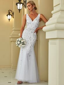 EVER-PRETTY Zartblumiges paillettenbesetztes ärmelloses V-Ausschnitt Mesh-Meerjungfrauensaum Hochzeitskleid für Sommer Rasen Hochzeit Braut weiße Kleider