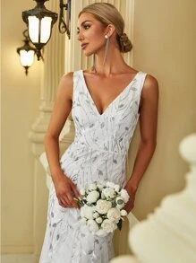 EVER-PRETTY Zartblumiges paillettenbesetztes ärmelloses V-Ausschnitt Mesh-Meerjungfrauensaum Hochzeitskleid für Sommer Rasen Hochzeit Braut weiße Kleider