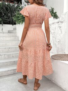 SHEIN VCAY Đầm Viên lá sen Trọn gói Dải chun Sọc ca rô Giải trí - trái cam - Xem 2