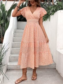 SHEIN VCAY Đầm Viên lá sen Trọn gói Dải chun Sọc ca rô Giải trí - trái cam - Xem 3