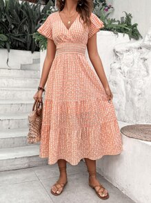SHEIN VCAY Đầm Viên lá sen Trọn gói Dải chun Sọc ca rô Giải trí - trái cam - Xem 4