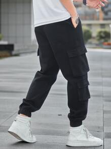 Manfinity Men Letter Graphic Flap Pocket Side Drawstring Waist Cargo Jeans - Black - View 2