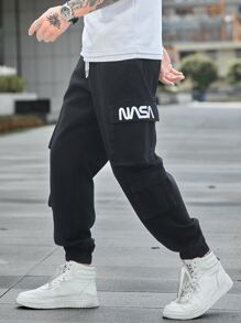 Manfinity Men Letter Graphic Flap Pocket Side Drawstring Waist Cargo Jeans - Black - View 5