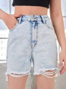 SHEIN Bé Gái Quần Shorts Denim Nút Túi Hem thô Dây kéo màu trơn - Rửa nhẹ - Xem 1