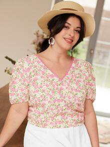 SHEIN Frenchy 大碼碎花泡泡袖襯衫 - 彩色 - 查看 5