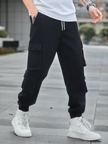 Manfinity Men Letter Graphic Flap Pocket Side Drawstring Waist Cargo Jeans - Black - View 8