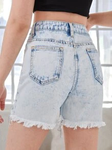 SHEIN Bé Gái Quần Shorts Denim Nút Túi Hem thô Dây kéo màu trơn - Rửa nhẹ - Xem 2