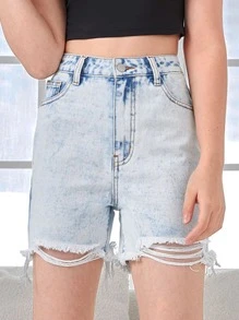 SHEIN Bé Gái Quần Shorts Denim Nút Túi Hem thô Dây kéo màu trơn - Rửa nhẹ - Xem 3
