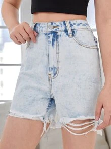 SHEIN Bé Gái Quần Shorts Denim Nút Túi Hem thô Dây kéo màu trơn - Rửa nhẹ - Xem 5