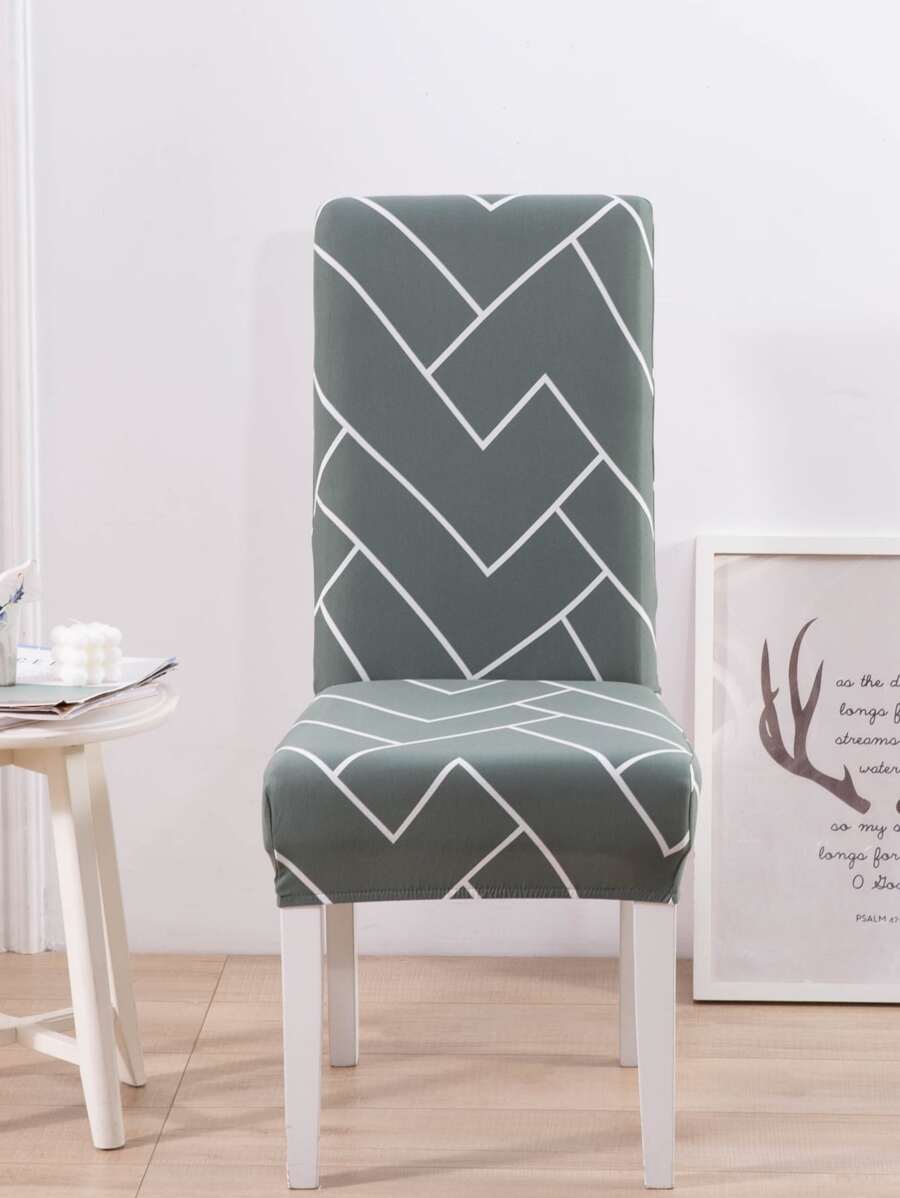 1pc Geometric Pattern Dining Chair Slipcover, Daily Polyester Antifouling Stretchy Dining Room Chair Slipcover For Home - Multicolor - View 1