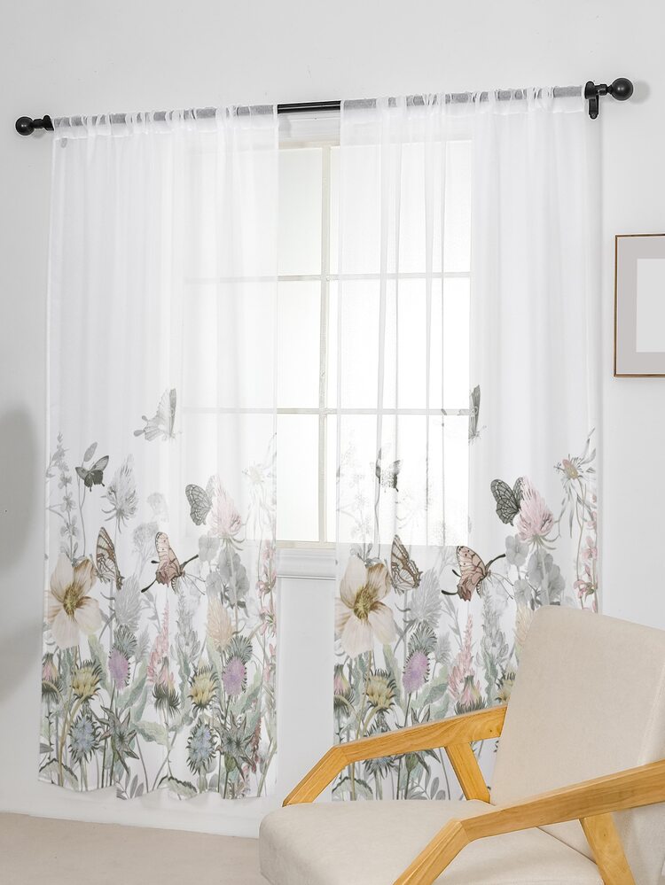 1 pieza Cortina transparente de privacidad con filtrado de luz con patrón de mariposa y flor moderno poliéster para - Multicolor - Añade 5