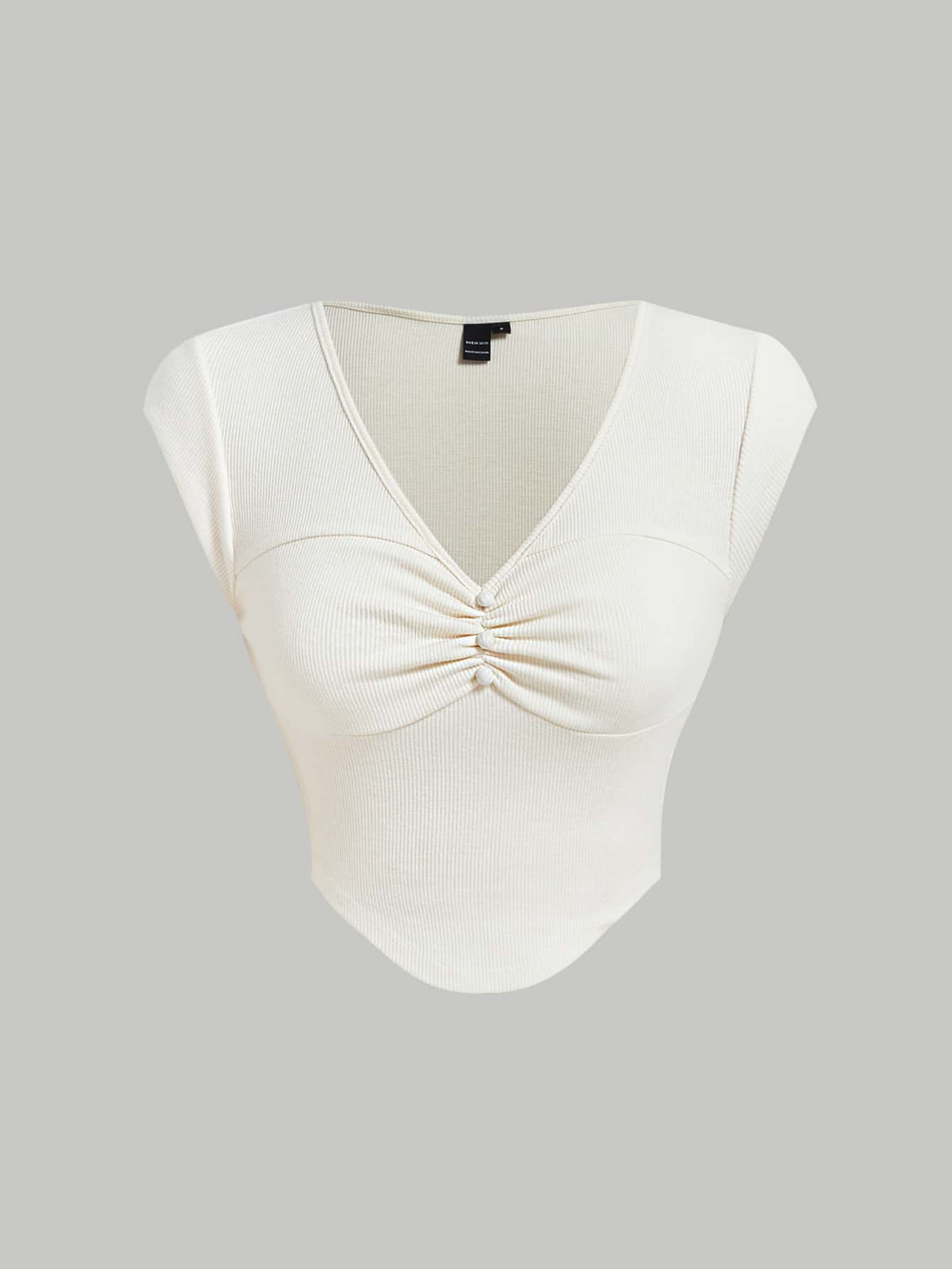 SHEIN MOD Women's Solid Color V-Neck Pleated Button Design Flounce Sleeve T-Shirt