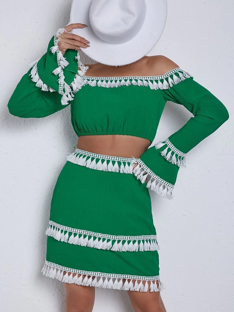 Off Shoulder Fringe Trim Crop Top & Skirt Fall Cloth For Women