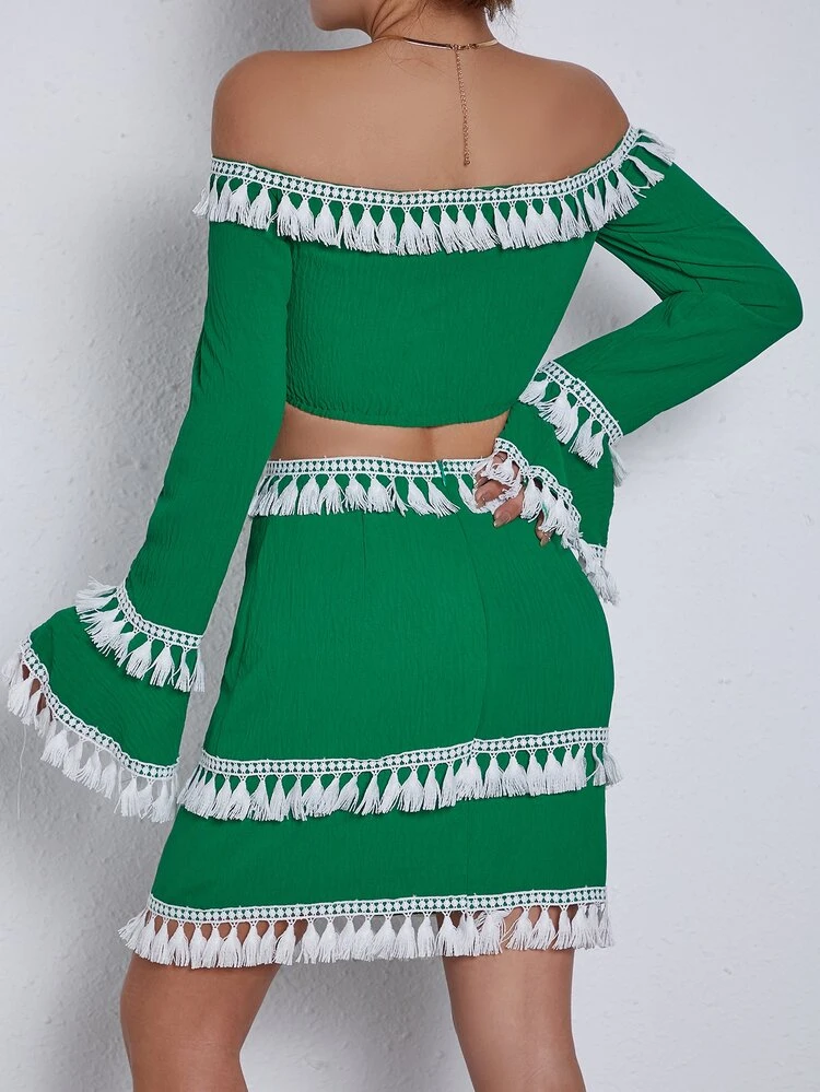 Off Shoulder Fringe Trim Crop Top & Skirt Fall Cloth For Women