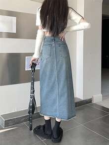 素色開衩毛邊牛仔半身裙 - 中等水洗藍 - 查看 2