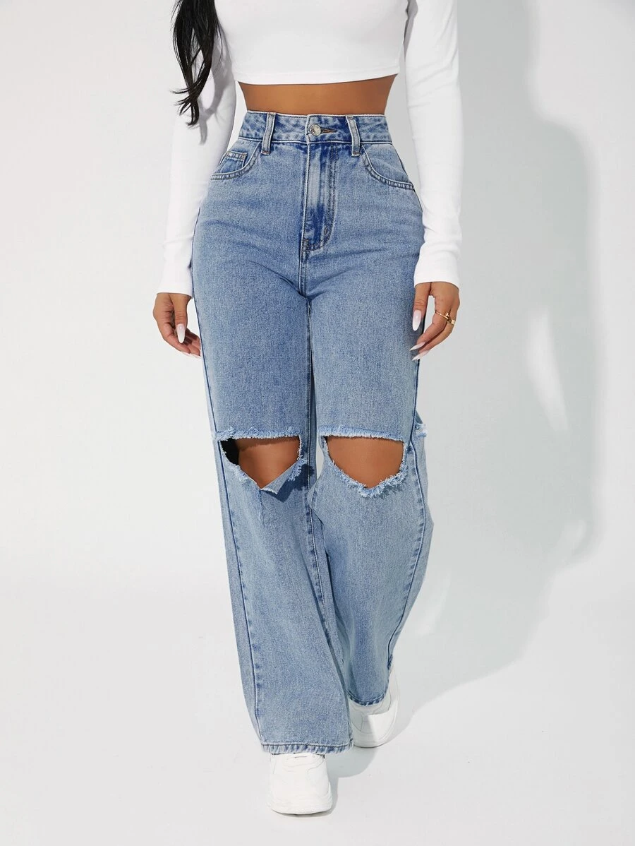 SHEIN PETITE Quần jean nữ Nút Túi Dây kéo màu trơn - Rửa nhẹ - Xem 1