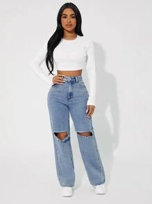 SHEIN PETITE Quần jean nữ Nút Túi Dây kéo màu trơn - Rửa nhẹ - Xem 3