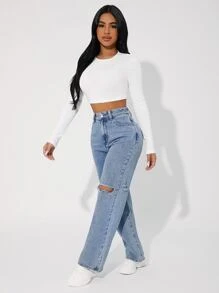 SHEIN PETITE Quần jean nữ Nút Túi Dây kéo màu trơn - Rửa nhẹ - Xem 4