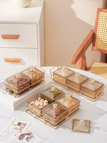 1pc PMMA Tray & 4pcs Clear Storage Box With Lid, Luxury Golden Food Tray Set For Table - Coffee Brown - View 1