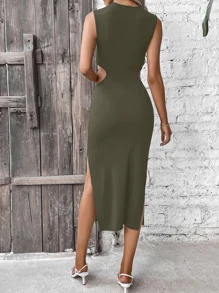 Chiquease Twist Front Cut Out Waist Tank Dress - Army Green - View 2