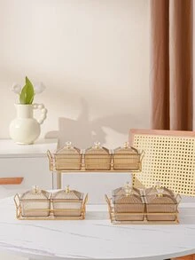 1pc PMMA Tray & 4pcs Clear Storage Box With Lid, Luxury Golden Food Tray Set For Table - Coffee Brown - View 3