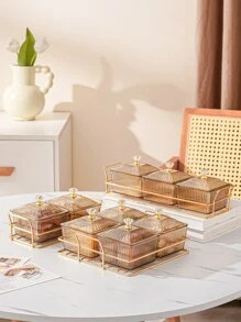 1pc PMMA Tray & 4pcs Clear Storage Box With Lid, Luxury Golden Food Tray Set For Table - Coffee Brown - View 4