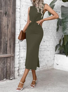 Chiquease Twist Front Cut Out Waist Tank Dress - Army Green - View 5