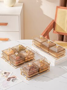 1pc PMMA Tray & 4pcs Clear Storage Box With Lid, Luxury Golden Food Tray Set For Table - Coffee Brown - View 5