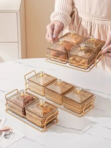 1pc PMMA Tray & 4pcs Clear Storage Box With Lid, Luxury Golden Food Tray Set For Table - Coffee Brown - View 8