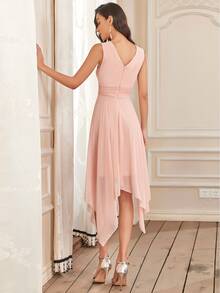 Surplice Neck Hanky Hem Chiffon Bridesmaid Dress - Baby Pink - View 3