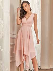 Surplice Neck Hanky Hem Chiffon Bridesmaid Dress - Baby Pink - View 2