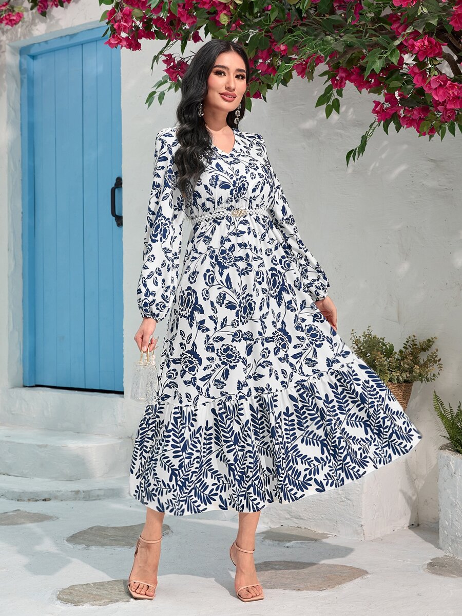 Mulvari Allover Floral Print Lantern Sleeve Ruffle Hem Dress Without Belt - Blue - View 1