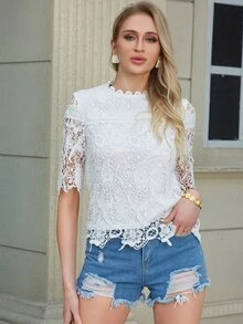 Eilly Bazar Guipure Lace Overlay Mock Neck Top - White - View 3