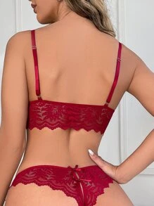 Classic Sexy Floral Lace Scallop Trim Lingerie Set - Burgundy - View 2