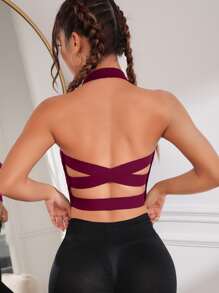 Easithlete Crisscross Backless Crop Halter Neck Backless Sports Bra