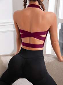 Easithlete Crisscross Backless Crop Halter Neck Backless Sports Bra